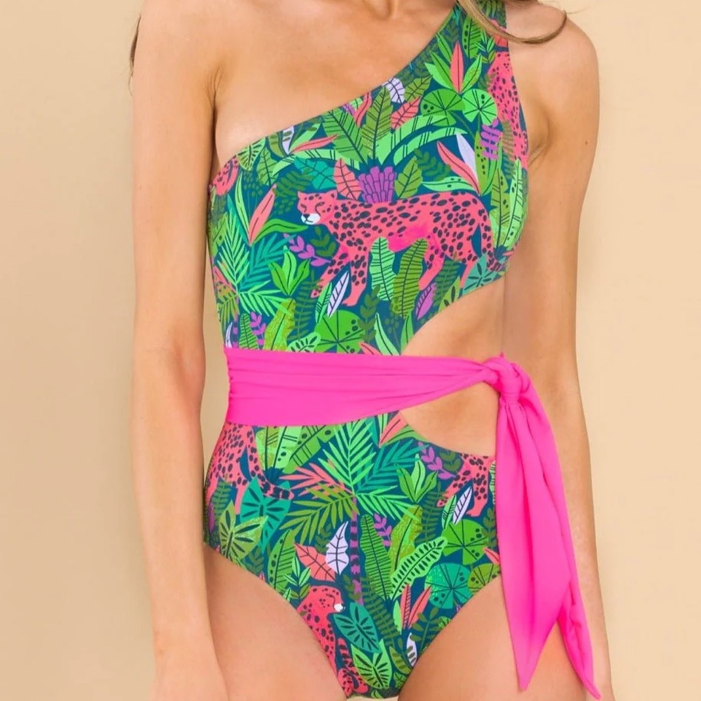 Red Dress Boutique Bold Roar Green Multi Print One Piece Swim Suit